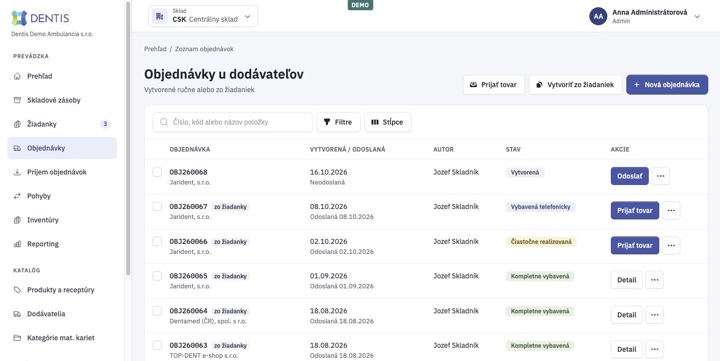 Zoznam objednávok u dodávateľov v aplikácii Dentis